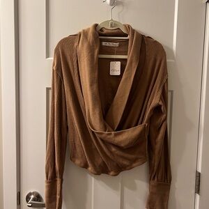 Free People Brown Cowl Neck Sweater with Plush Texture
